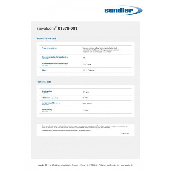 Produktdatablad for Mitsubishi Lossnay VL-350 G4-filtermatter